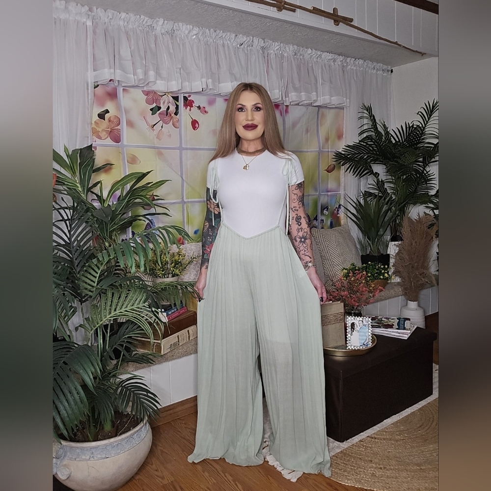 Pale Green Spaghetti Straps Wide Legs Overall